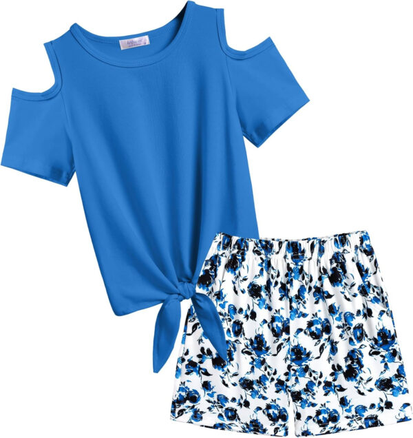 Arshiner Girls Short Sets 2 Pieces Outfits Short Sleeve Tie Knot T-Shirts and Casual Shorts With Pockets Cute Clothes Sets
