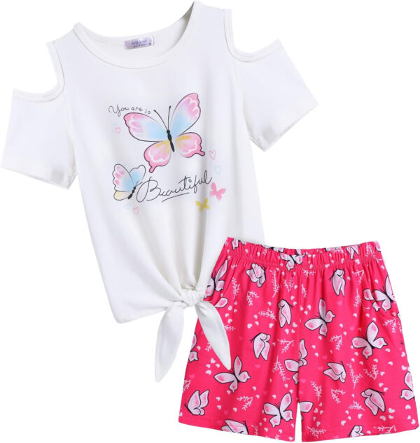 Arshiner Girls Short Sets 2 Pieces Outfits Short Sleeve Tie Knot T-Shirts and Casual Shorts With Pockets Cute Clothes Sets
