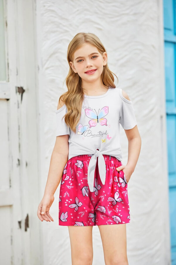 Arshiner Girls Short Sets 2 Pieces Outfits Short Sleeve Tie Knot T-Shirts and Casual Shorts With Pockets Cute Clothes Sets