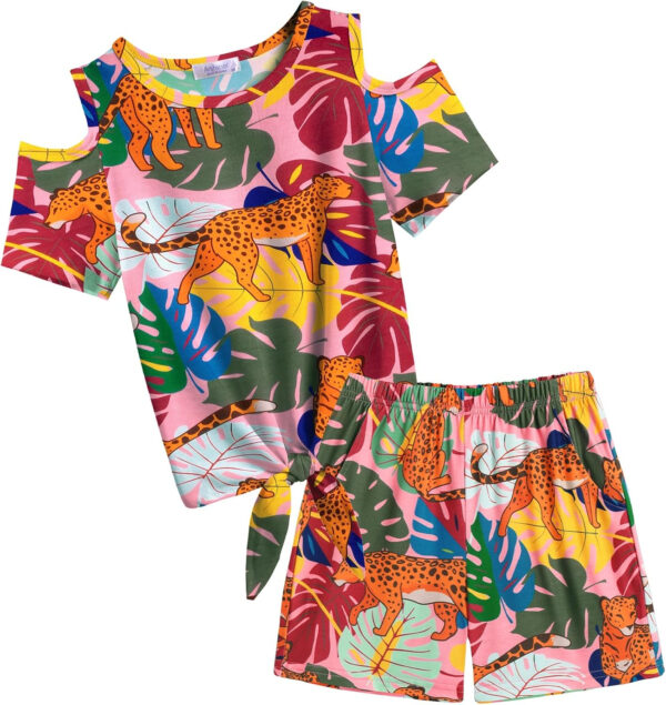 Arshiner Girls Short Sets 2 Pieces Outfits Short Sleeve Tie Knot T-Shirts and Casual Shorts With Pockets Cute Clothes Sets