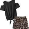 Arshiner Girls Short Sets 2 Pieces Outfits Short Sleeve Tie Knot T-Shirts and Casual Shorts With Pockets Cute Clothes Sets