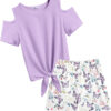 Arshiner Girls Short Sets 2 Pieces Outfits Short Sleeve Tie Knot T-Shirts and Casual Shorts With Pockets Cute Clothes Sets