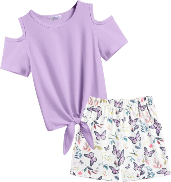 Arshiner Girls Short Sets 2 Pieces Outfits Short Sleeve Tie Knot T-Shirts and Casual Shorts With Pockets Cute Clothes Sets