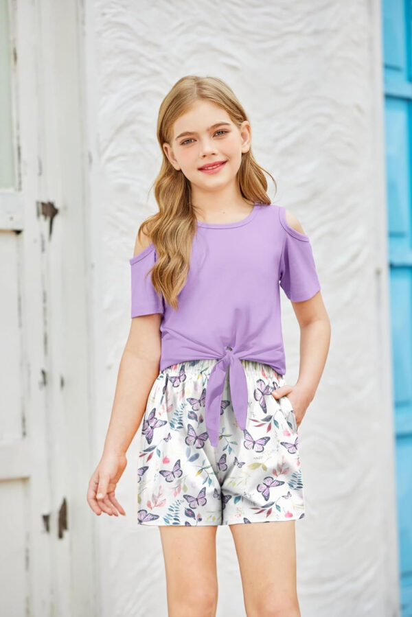 Arshiner Girls Short Sets 2 Pieces Outfits Short Sleeve Tie Knot T-Shirts and Casual Shorts With Pockets Cute Clothes Sets