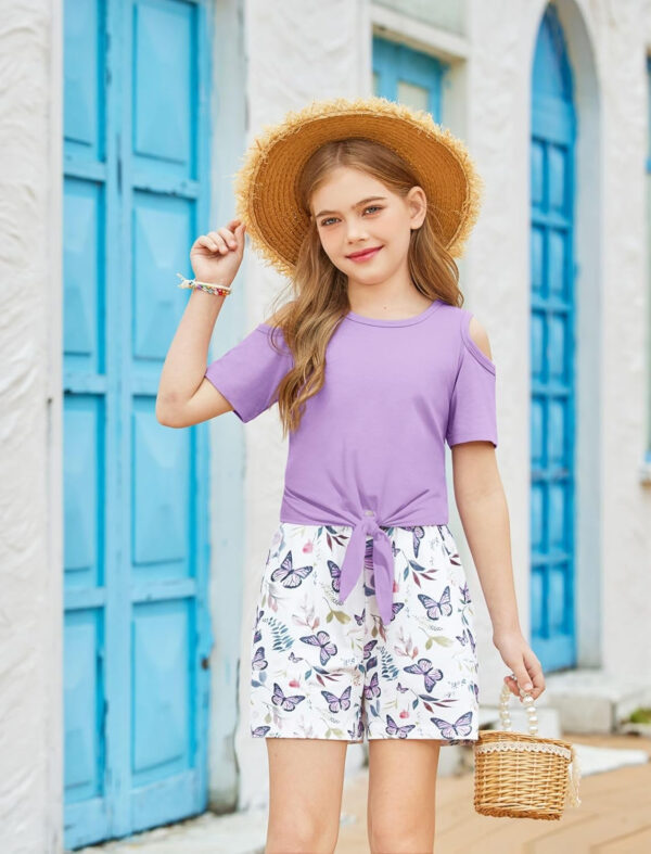 Arshiner Girls Short Sets 2 Pieces Outfits Short Sleeve Tie Knot T-Shirts and Casual Shorts With Pockets Cute Clothes Sets