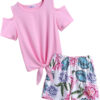 Arshiner Girls Short Sets 2 Pieces Outfits Short Sleeve Tie Knot T-Shirts and Casual Shorts With Pockets Cute Clothes Sets