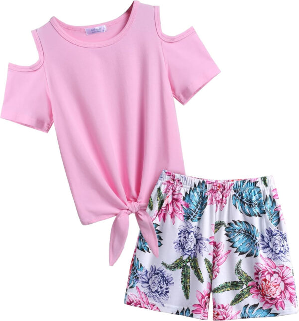 Arshiner Girls Short Sets 2 Pieces Outfits Short Sleeve Tie Knot T-Shirts and Casual Shorts With Pockets Cute Clothes Sets