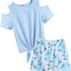 Arshiner Girls Short Sets 2 Pieces Outfits Short Sleeve Tie Knot T-Shirts and Casual Shorts With Pockets Cute Clothes Sets