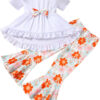 Toddler Baby Girl Bell Bottoms Outfits Ruffle Short Sleeve Shirt Tops and Floral Flared Pant Set