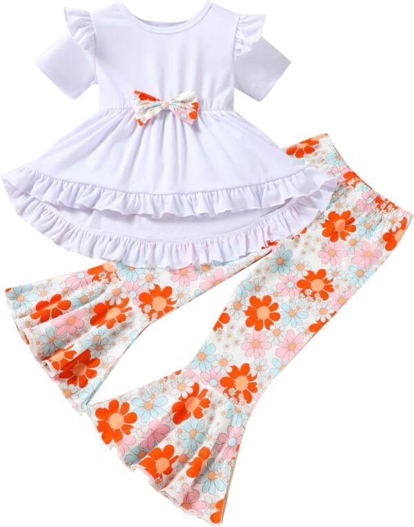 Toddler Baby Girl Bell Bottoms Outfits Ruffle Short Sleeve Shirt Tops and Floral Flared Pant Set