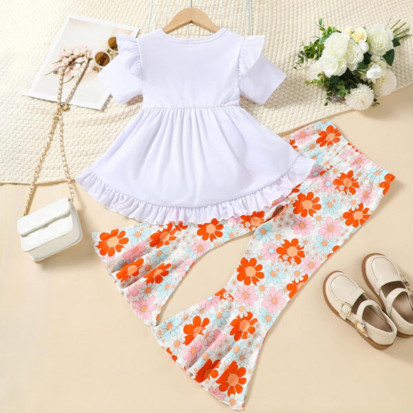 Toddler Baby Girl Bell Bottoms Outfits Ruffle Short Sleeve Shirt Tops and Floral Flared Pant Set