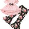 Toddler Baby Girl Bell Bottoms Outfits Ruffle Short Sleeve Shirt Tops and Floral Flared Pant Set
