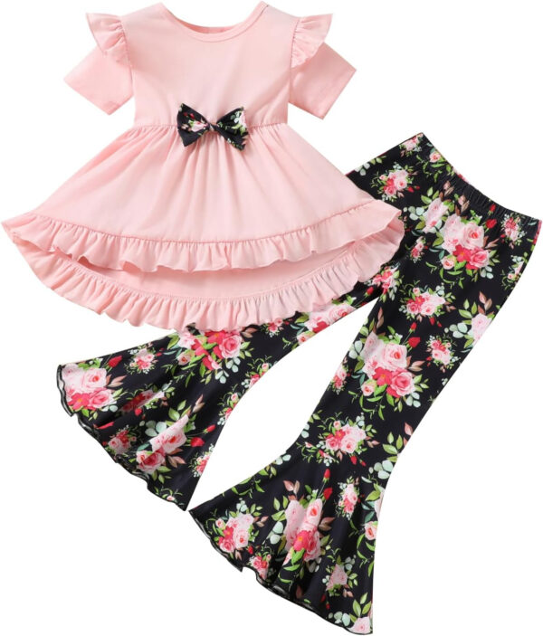 Toddler Baby Girl Bell Bottoms Outfits Ruffle Short Sleeve Shirt Tops and Floral Flared Pant Set