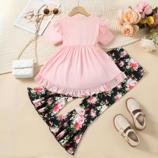 Toddler Baby Girl Bell Bottoms Outfits Ruffle Short Sleeve Shirt Tops and Floral Flared Pant Set