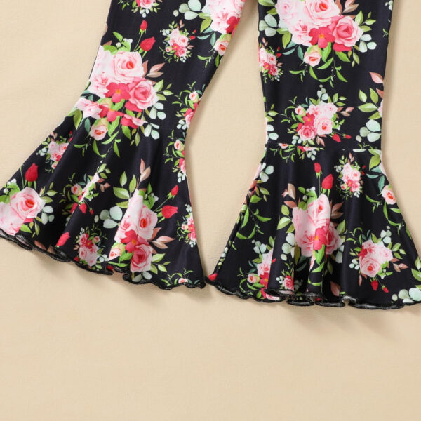 Toddler Baby Girl Bell Bottoms Outfits Ruffle Short Sleeve Shirt Tops and Floral Flared Pant Set