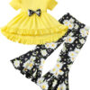 Toddler Baby Girl Bell Bottoms Outfits Ruffle Short Sleeve Shirt Tops and Floral Flared Pant Set