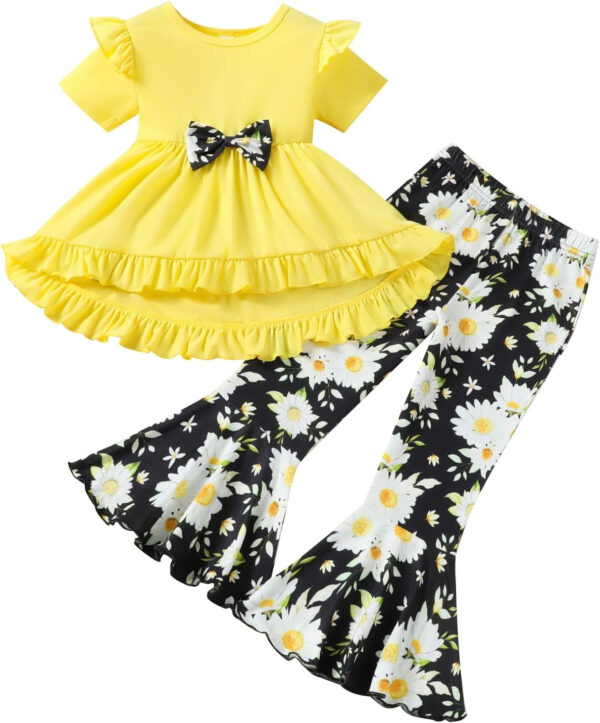 Toddler Baby Girl Bell Bottoms Outfits Ruffle Short Sleeve Shirt Tops and Floral Flared Pant Set