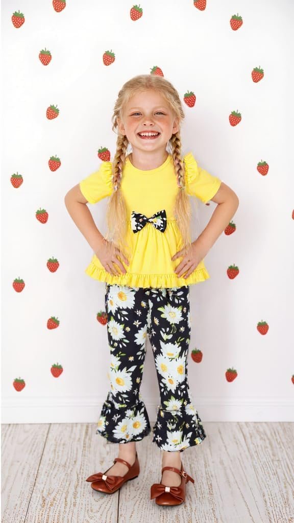 Toddler Baby Girl Bell Bottoms Outfits Ruffle Short Sleeve Shirt Tops and Floral Flared Pant Set
