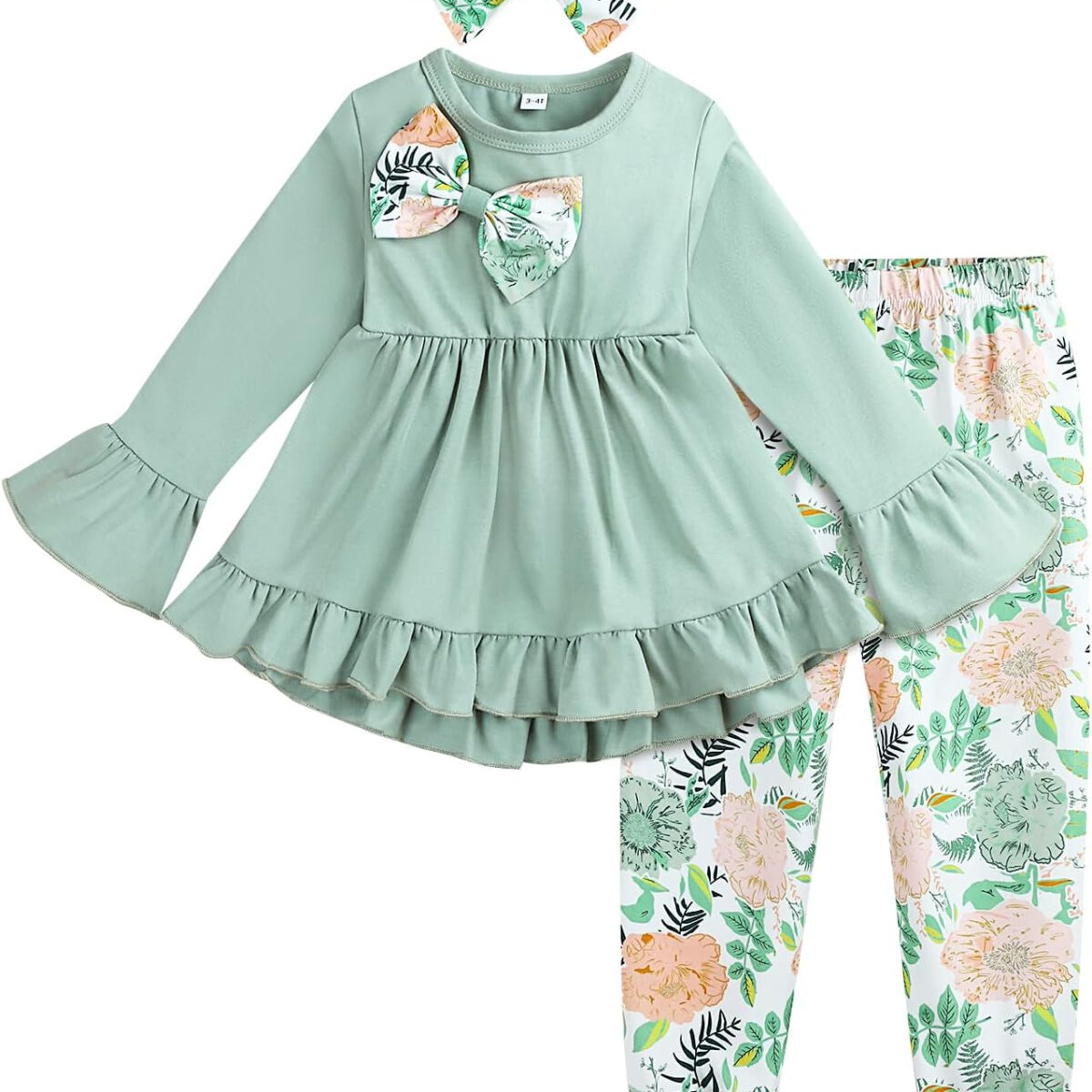 Toddler Baby Girl Clothes Floral Outfit Ruffle Sleeve Shirt with Headband 3PC Pant Set Fall Clothing for Girl