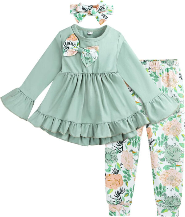 Toddler Baby Girl Clothes Floral Outfit Ruffle Sleeve Shirt with Headband 3PC Pant Set Fall Clothing for Girl