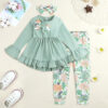 Toddler Baby Girl Clothes Floral Outfit Ruffle Sleeve Shirt with Headband 3PC Pant Set Fall Clothing for Girl