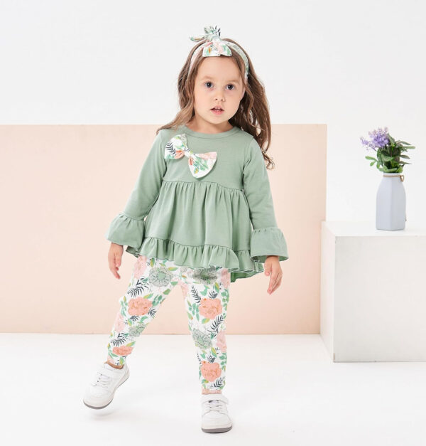 Toddler Baby Girl Clothes Floral Outfit Ruffle Sleeve Shirt with Headband 3PC Pant Set Fall Clothing for Girl