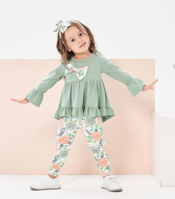 Toddler Baby Girl Clothes Floral Outfit Ruffle Sleeve Shirt with Headband 3PC Pant Set Fall Clothing for Girl