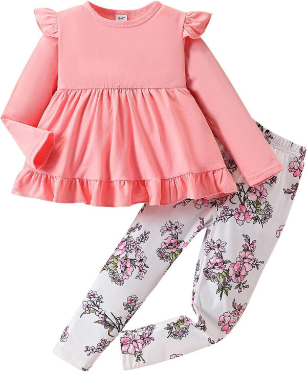 Toddler Baby Girl Clothes Floral Outfit Ruffle Sleeve Shirt with Headband 3PC Pant Set Fall Clothing for Girl