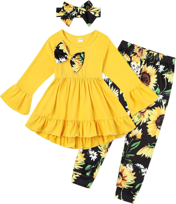 Toddler Baby Girl Clothes Floral Outfit Ruffle Sleeve Shirt with Headband 3PC Pant Set Fall Clothing for Girl