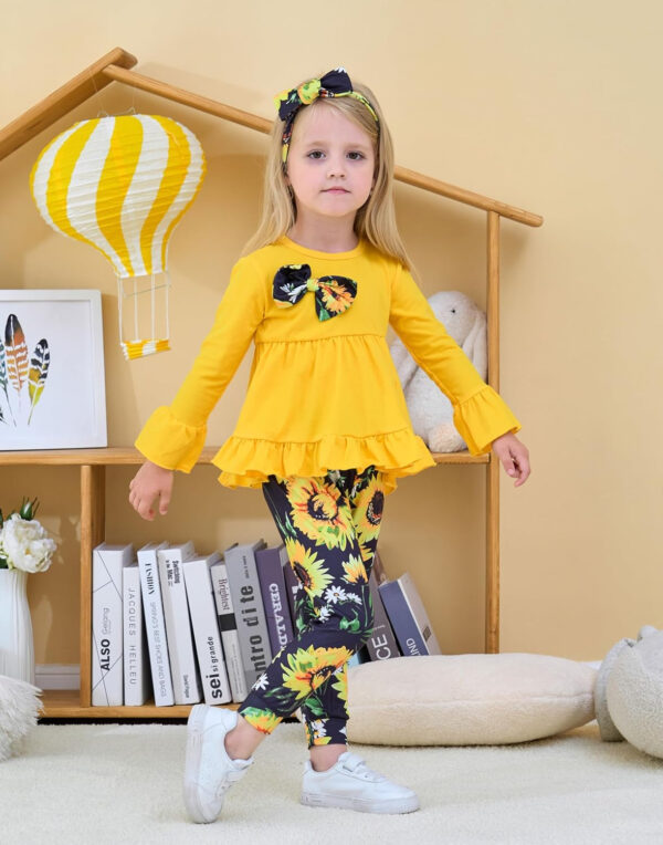 Toddler Baby Girl Clothes Floral Outfit Ruffle Sleeve Shirt with Headband 3PC Pant Set Fall Clothing for Girl