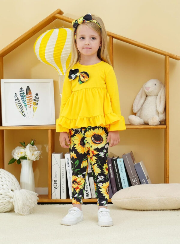 Toddler Baby Girl Clothes Floral Outfit Ruffle Sleeve Shirt with Headband 3PC Pant Set Fall Clothing for Girl