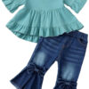 Kucnuzki Toddler Baby Girls Clothes Short Sleeve Shirt Top Flare Denim Jeans 2 Piece Outfits For Girls Cute Clothing Set