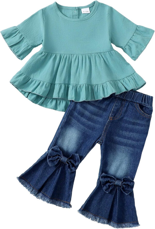 Kucnuzki Toddler Baby Girls Clothes Short Sleeve Shirt Top Flare Denim Jeans 2 Piece Outfits For Girls Cute Clothing Set