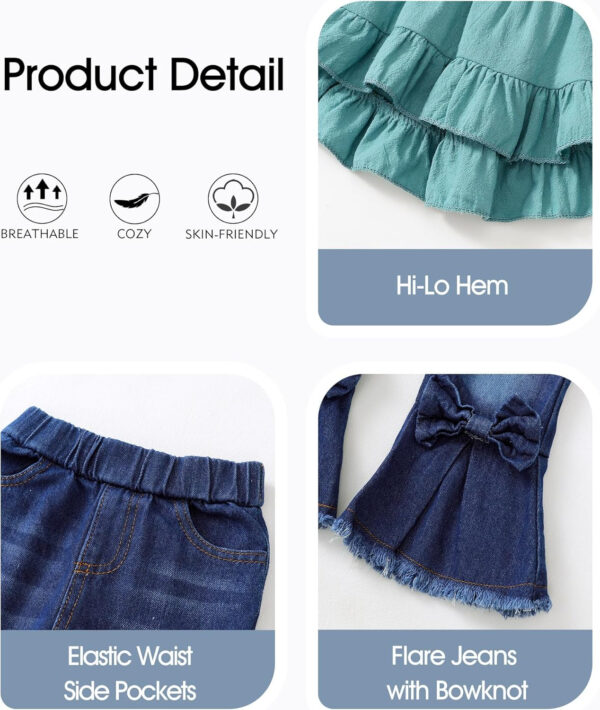 Kucnuzki Toddler Baby Girls Clothes Short Sleeve Shirt Top Flare Denim Jeans 2 Piece Outfits For Girls Cute Clothing Set
