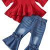 Kucnuzki Toddler Baby Girls Clothes Short Sleeve Shirt Top Flare Denim Jeans 2 Piece Outfits For Girls Cute Clothing Set