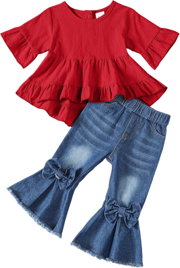 Kucnuzki Toddler Baby Girls Clothes Short Sleeve Shirt Top Flare Denim Jeans 2 Piece Outfits For Girls Cute Clothing Set