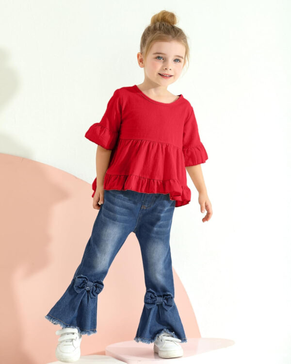 Kucnuzki Toddler Baby Girls Clothes Short Sleeve Shirt Top Flare Denim Jeans 2 Piece Outfits For Girls Cute Clothing Set