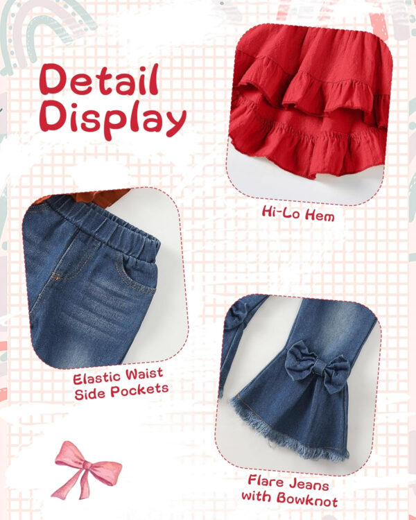 Kucnuzki Toddler Baby Girls Clothes Short Sleeve Shirt Top Flare Denim Jeans 2 Piece Outfits For Girls Cute Clothing Set