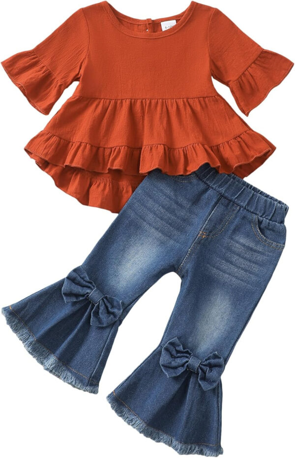 Kucnuzki Toddler Baby Girls Clothes Short Sleeve Shirt Top Flare Denim Jeans 2 Piece Outfits For Girls Cute Clothing Set
