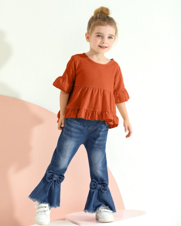 Kucnuzki Toddler Baby Girls Clothes Short Sleeve Shirt Top Flare Denim Jeans 2 Piece Outfits For Girls Cute Clothing Set