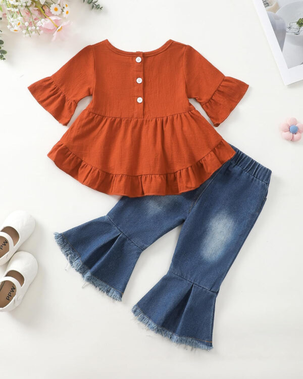 Kucnuzki Toddler Baby Girls Clothes Short Sleeve Shirt Top Flare Denim Jeans 2 Piece Outfits For Girls Cute Clothing Set