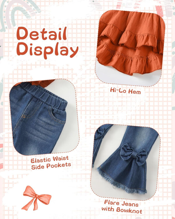 Kucnuzki Toddler Baby Girls Clothes Short Sleeve Shirt Top Flare Denim Jeans 2 Piece Outfits For Girls Cute Clothing Set