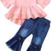 Kucnuzki Toddler Baby Girls Clothes Short Sleeve Shirt Top Flare Denim Jeans 2 Piece Outfits For Girls Cute Clothing Set