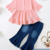 Kucnuzki Toddler Baby Girls Clothes Short Sleeve Shirt Top Flare Denim Jeans 2 Piece Outfits For Girls Cute Clothing Set