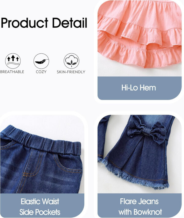 Kucnuzki Toddler Baby Girls Clothes Short Sleeve Shirt Top Flare Denim Jeans 2 Piece Outfits For Girls Cute Clothing Set