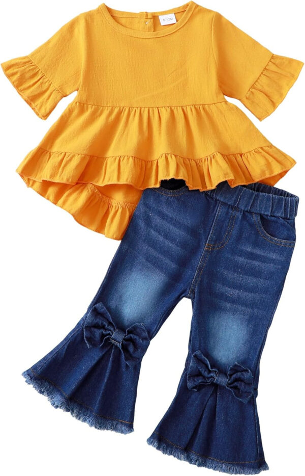 Kucnuzki Toddler Baby Girls Clothes Short Sleeve Shirt Top Flare Denim Jeans 2 Piece Outfits For Girls Cute Clothing Set