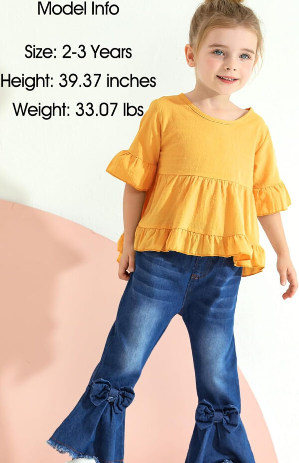 Kucnuzki Toddler Baby Girls Clothes Short Sleeve Shirt Top Flare Denim Jeans 2 Piece Outfits For Girls Cute Clothing Set