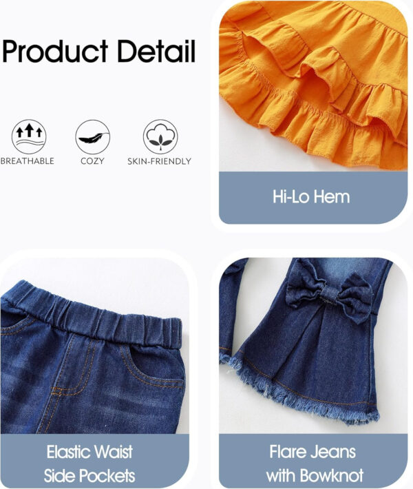 Kucnuzki Toddler Baby Girls Clothes Short Sleeve Shirt Top Flare Denim Jeans 2 Piece Outfits For Girls Cute Clothing Set