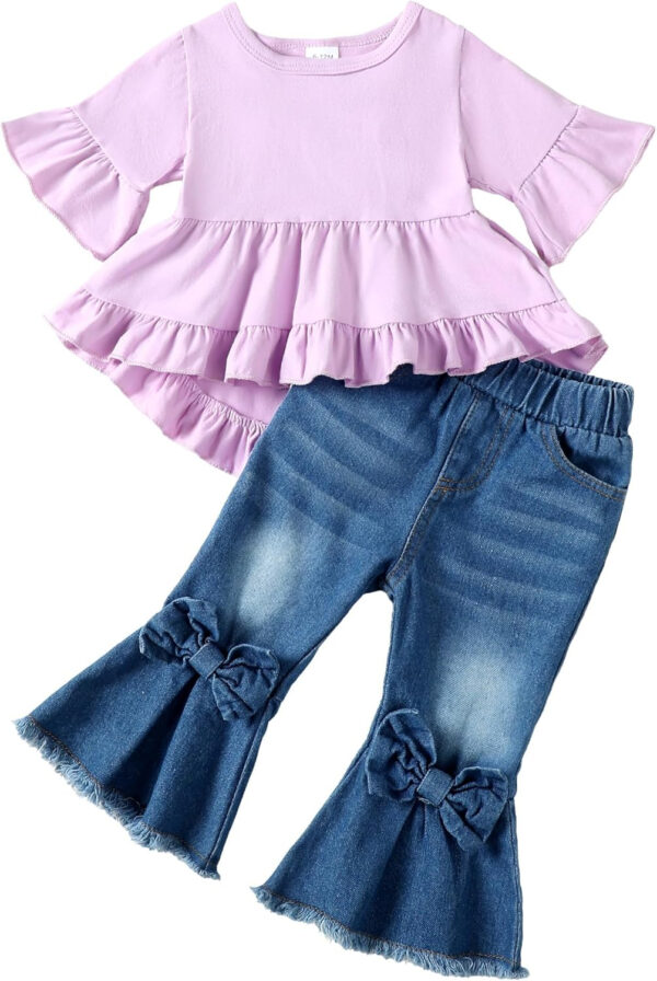 Kucnuzki Toddler Baby Girls Clothes Short Sleeve Shirt Top Flare Denim Jeans 2 Piece Outfits For Girls Cute Clothing Set