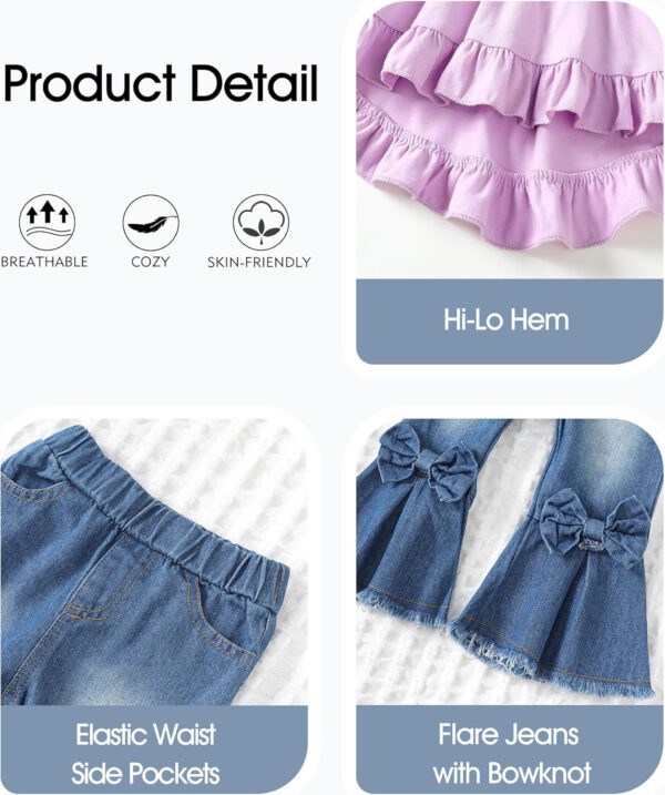 Kucnuzki Toddler Baby Girls Clothes Short Sleeve Shirt Top Flare Denim Jeans 2 Piece Outfits For Girls Cute Clothing Set